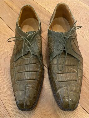 Belvedere Susa P32 Green Hornback Crocodile  Leather Quill Ostrich Trim Size 14